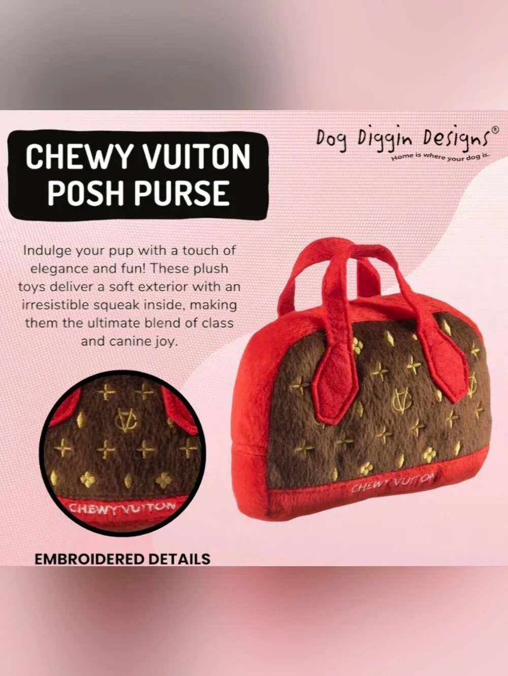 Dog Diggin Designs Chewy Vuiton Posh Purse Plush Dog Toy Small NWOT